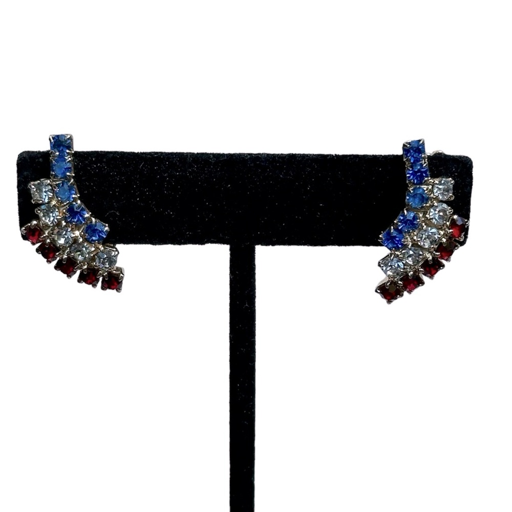 Vtg Red Clear and Blue Pronged Rhinestones Clip On Earrings Sparkly Patriotic